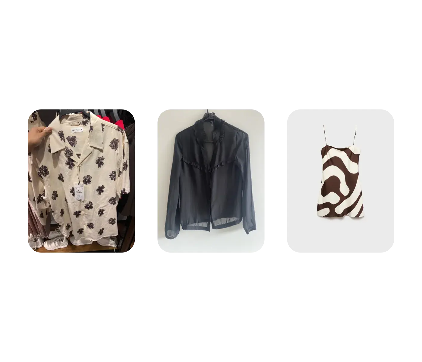 Three real garment input photos with different backgrounds, lighting, wrinkles, and levels of preparation for AI product photography