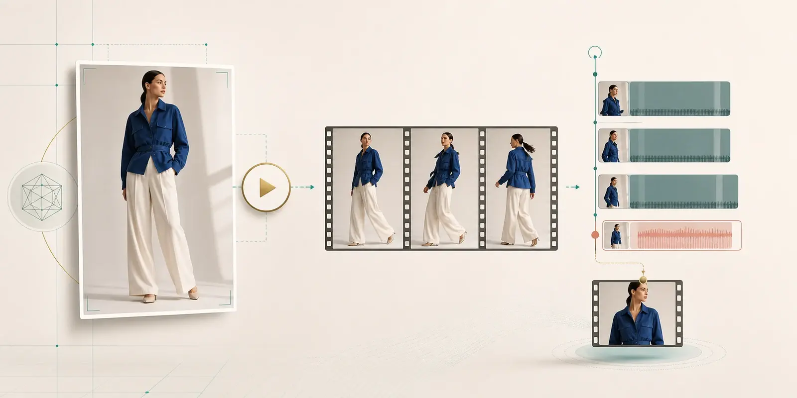 Minimalist fashion video workflow showing a product photo becoming video frames, montage clips, and a reusable extracted frame