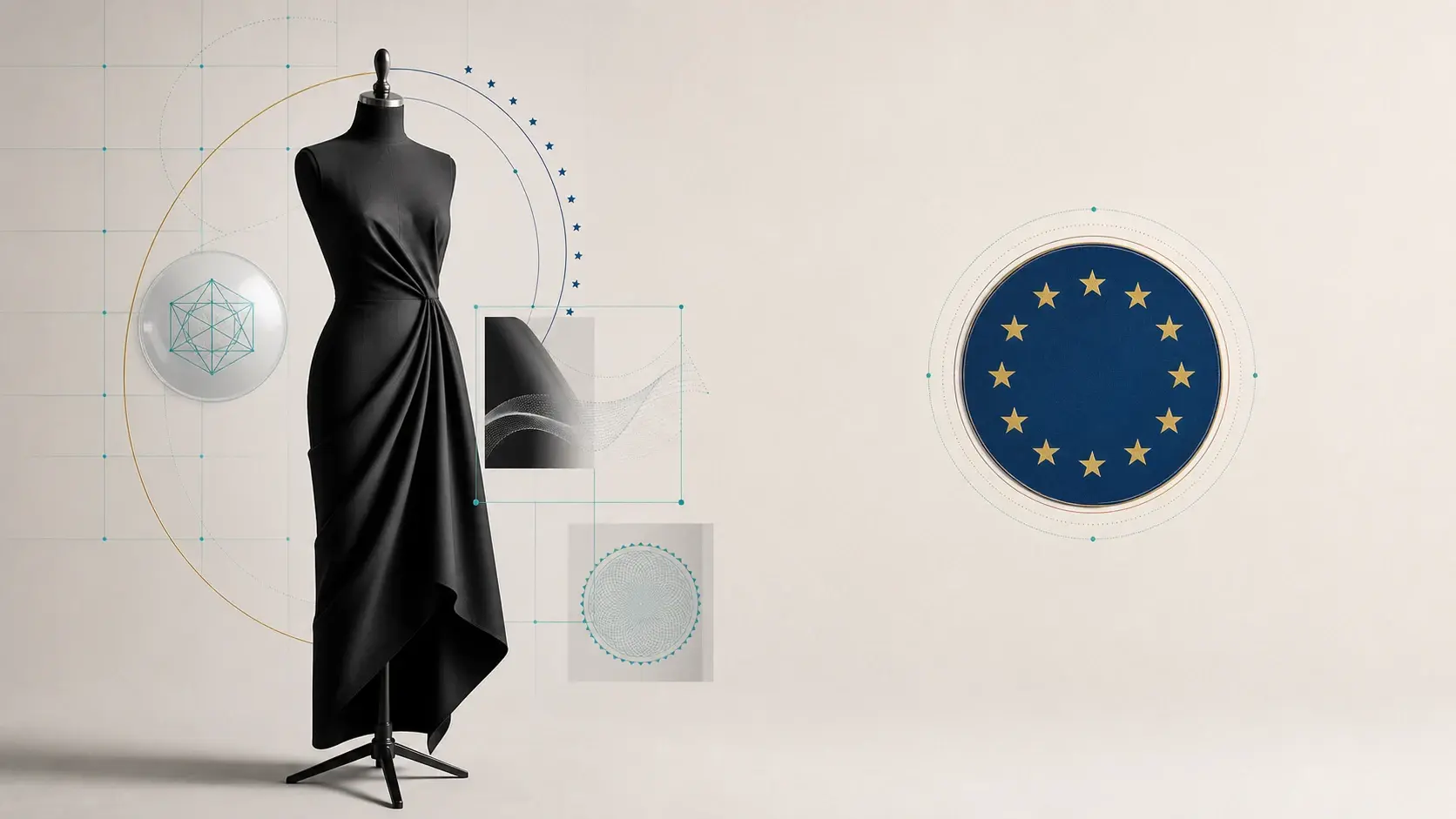 Minimalist fashion provenance scene with a black dress form, Uwear-style verification nodes, and an EU compliance emblem