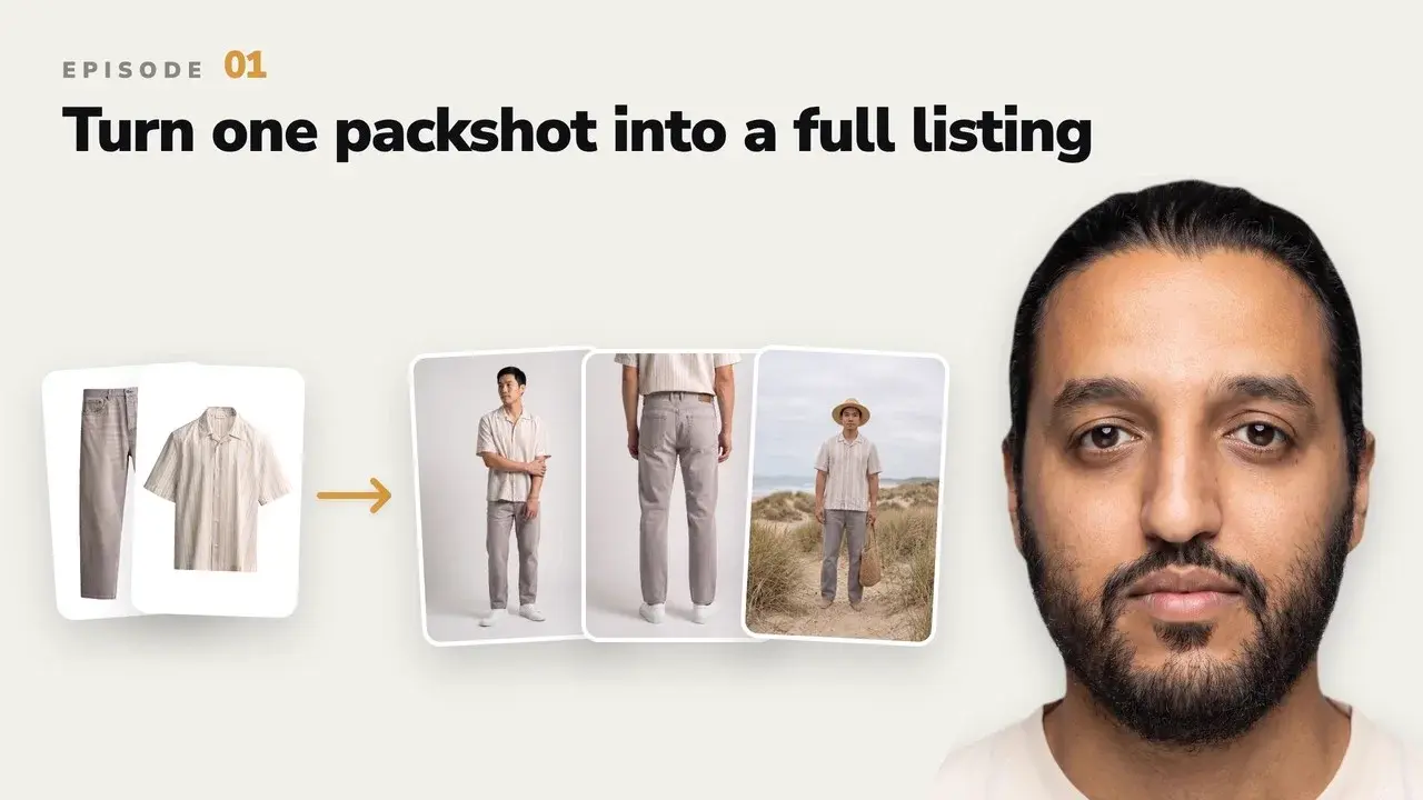Uwear tutorial thumbnail showing garment packshots transformed into on-model product listing images beside the presenter