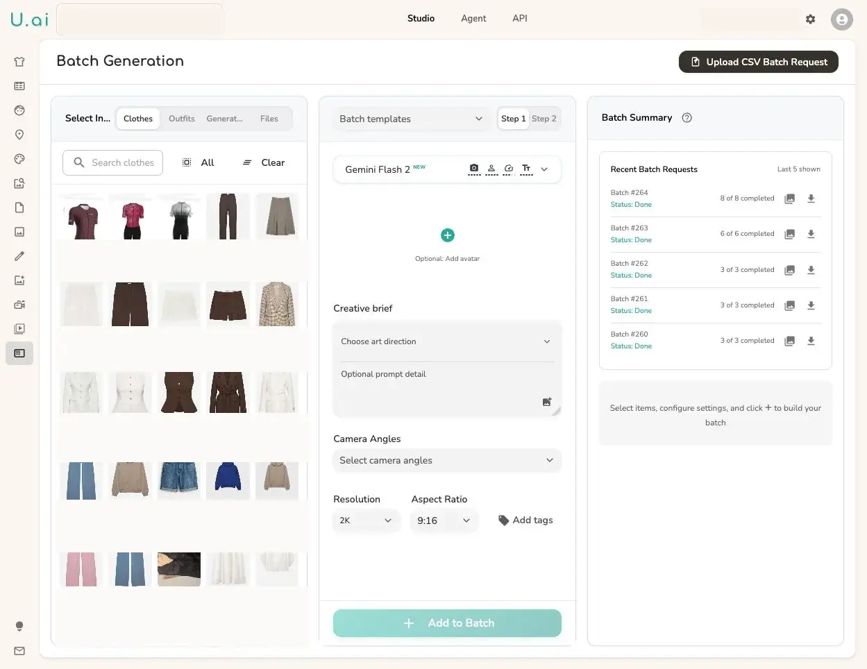 Current Uwear Studio batch builder with product inputs, generation settings, CSV upload, and completed batch summaries