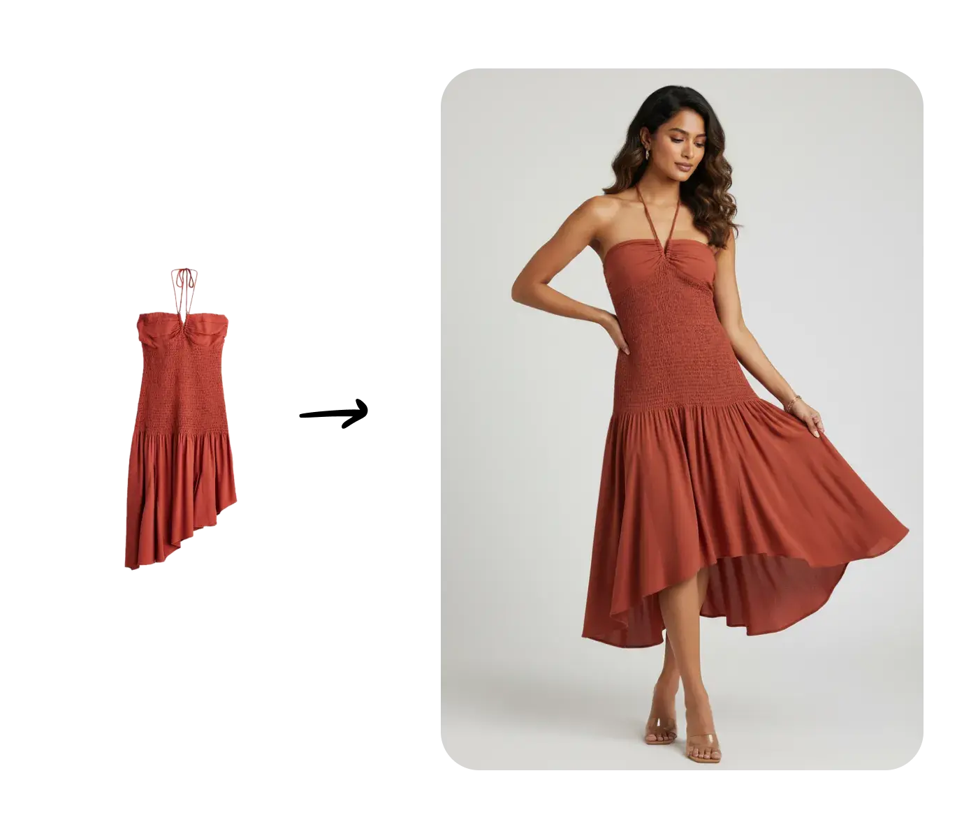Real flat garment source beside an AI-generated on-model fashion product photo that preserves the dress color and silhouette