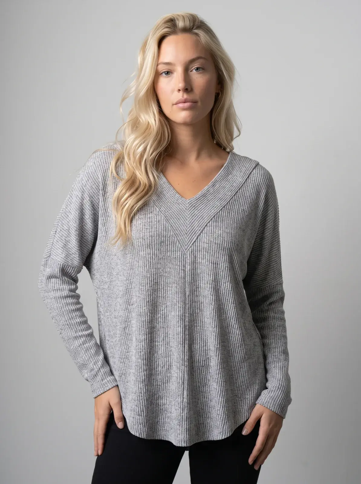 Ribbed V-neck top, generated on-model listing image: Detail