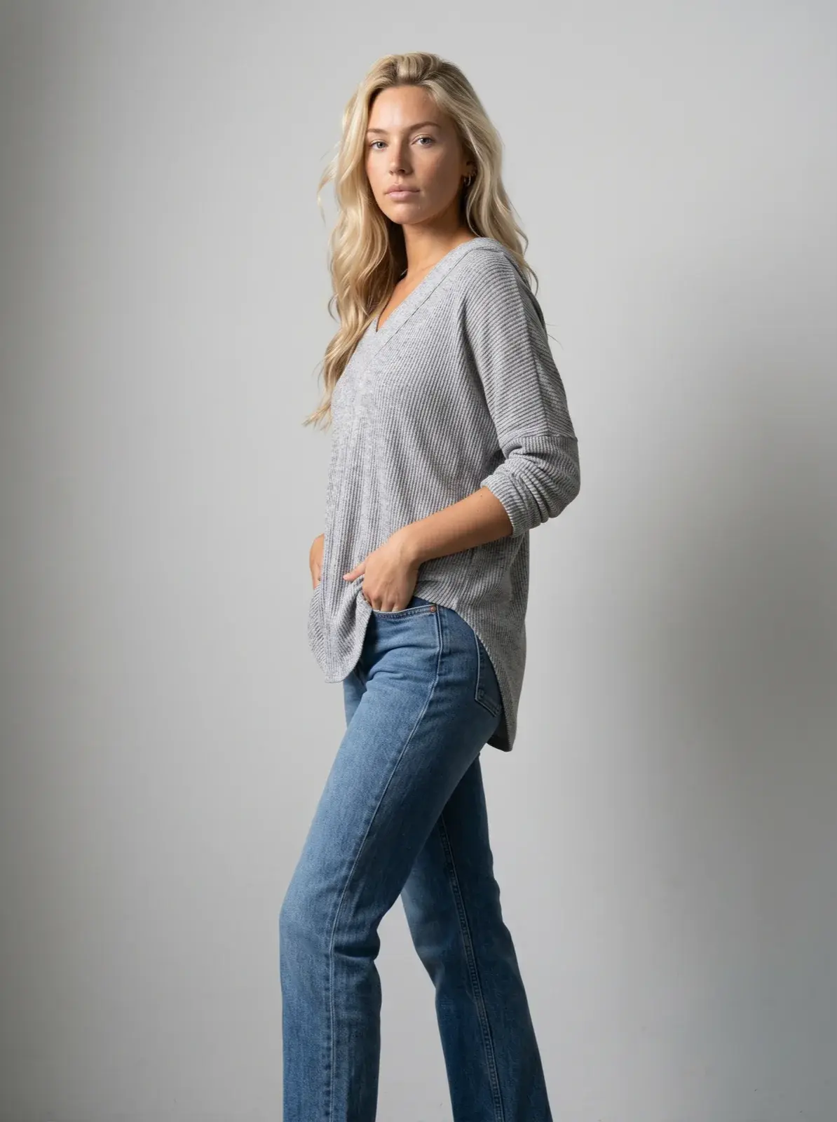 Ribbed V-neck top, generated on-model listing image: Full body