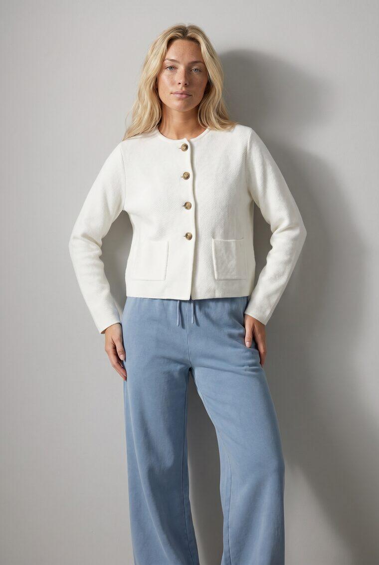 Generated photo of the model wearing the cropped jacket with the wide-leg pants