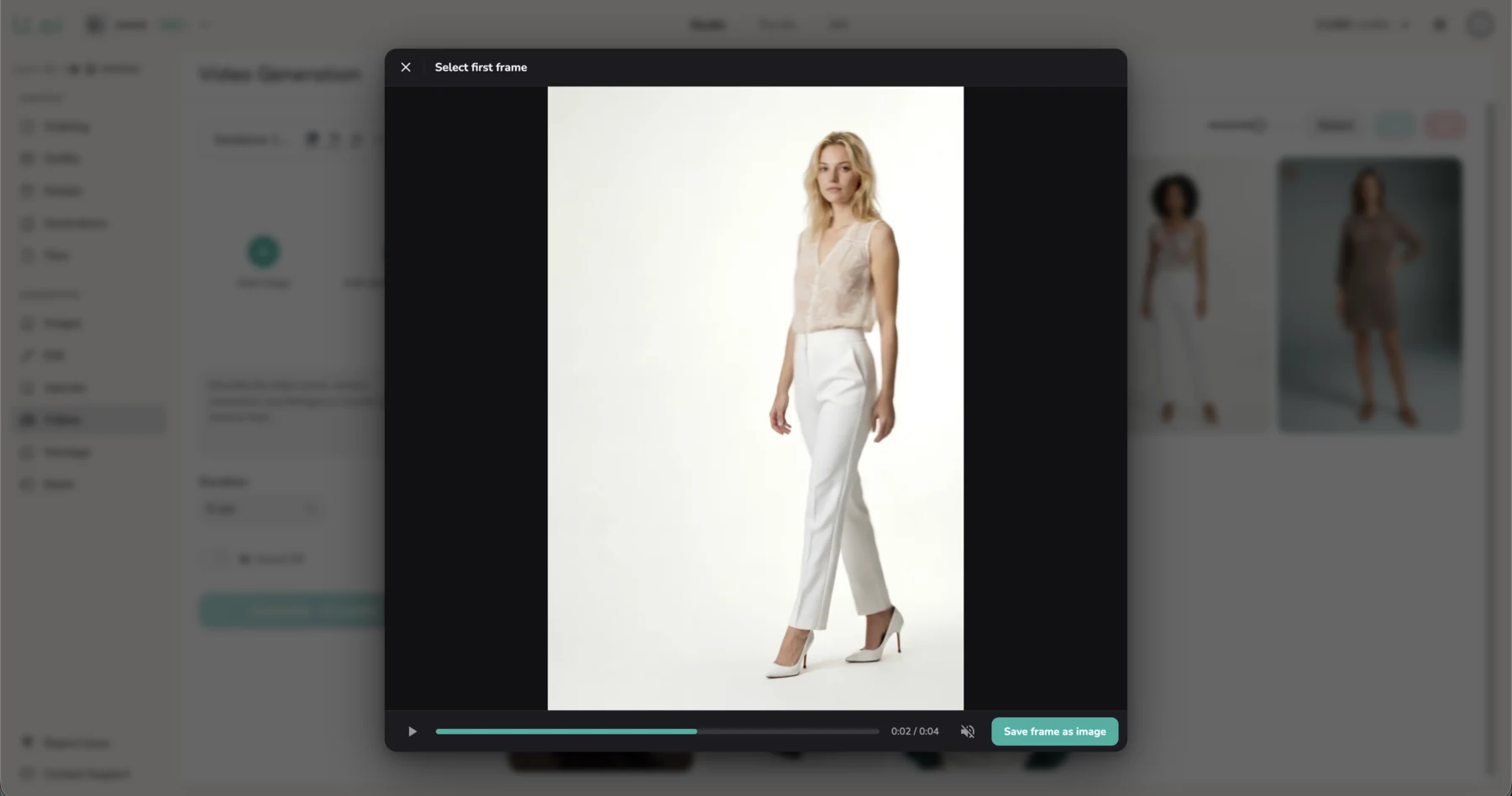 Studio video interface for saving a frame from a generated clip