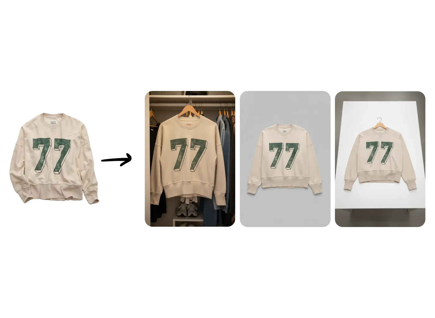 Wrinkled sweatshirt transformed into clean flat-lay packshot with AI editing showing progression from messy to professional product photo