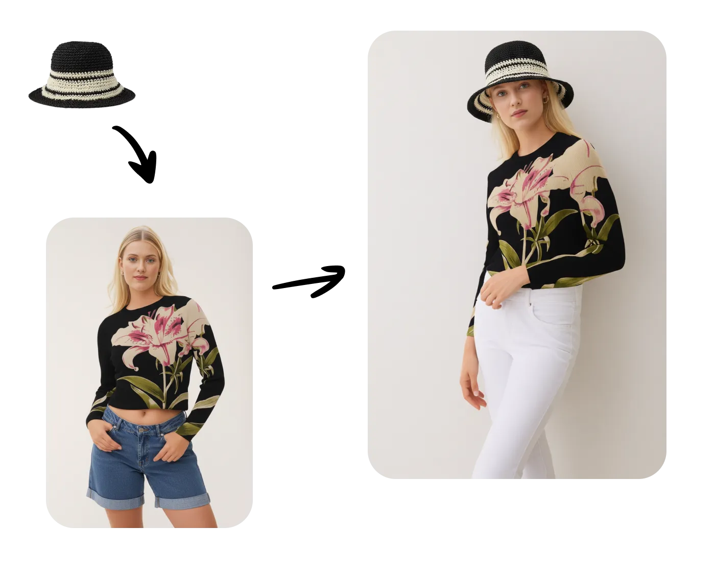 AI editing transformation showing a model being modified with accessories