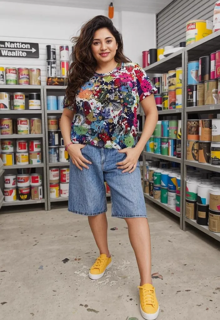 AI-generated female wearing colorful sequin top and denim shorts