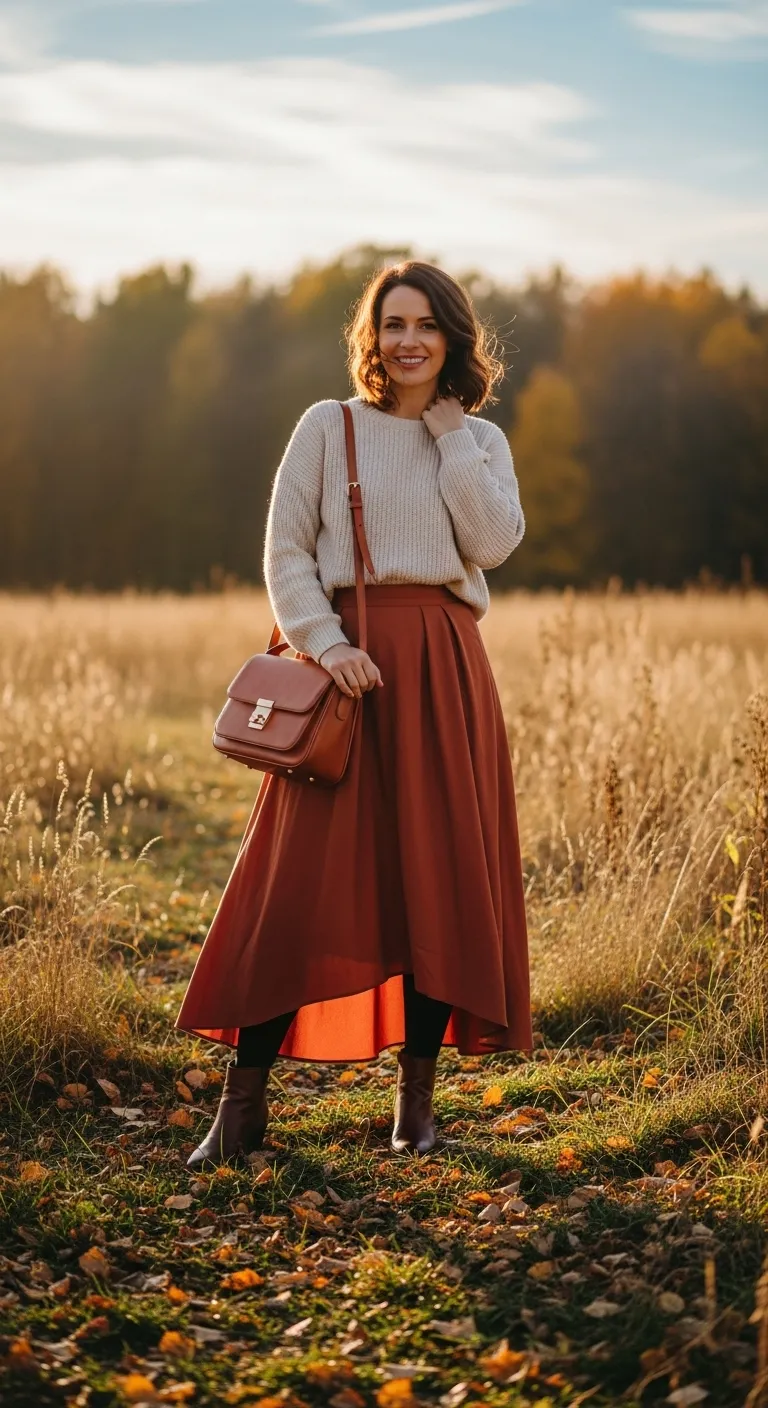 AI-generated female wearing beige sweater and rust skirt