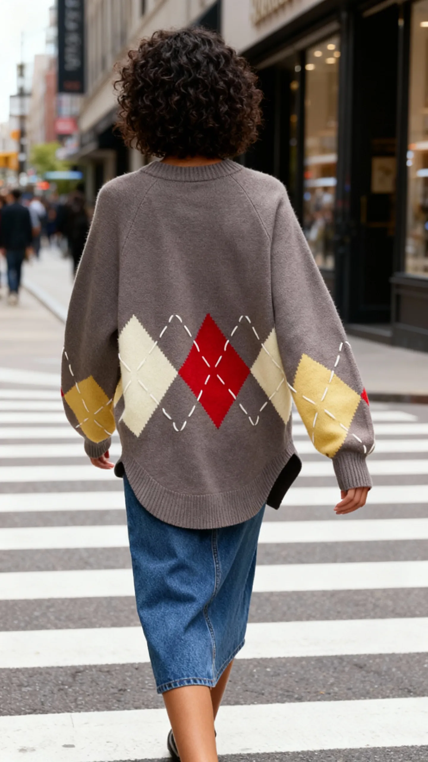 AI-generated female wearing gray argyle sweater and denim skirt