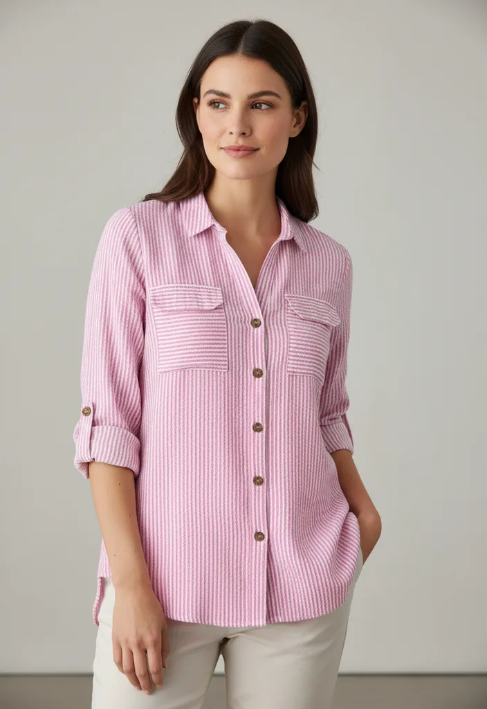 AI-generated model woman wearing pink shirt