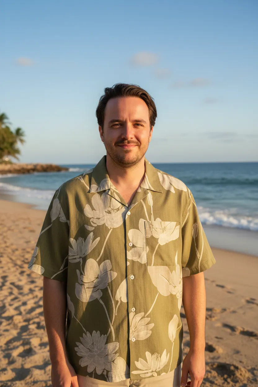 AI-generated male wearing olive floral shirt