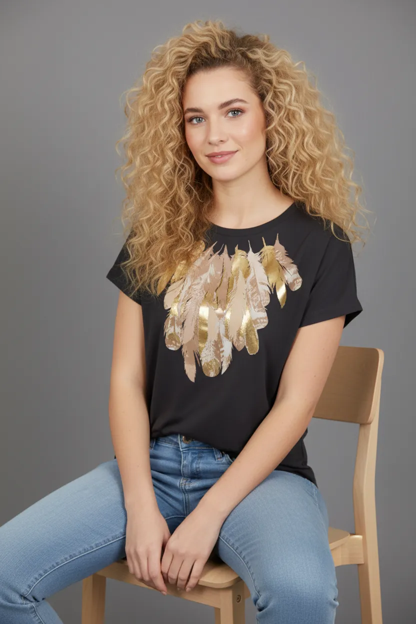 AI-generated female wearing black feather print t-shirt and jeans