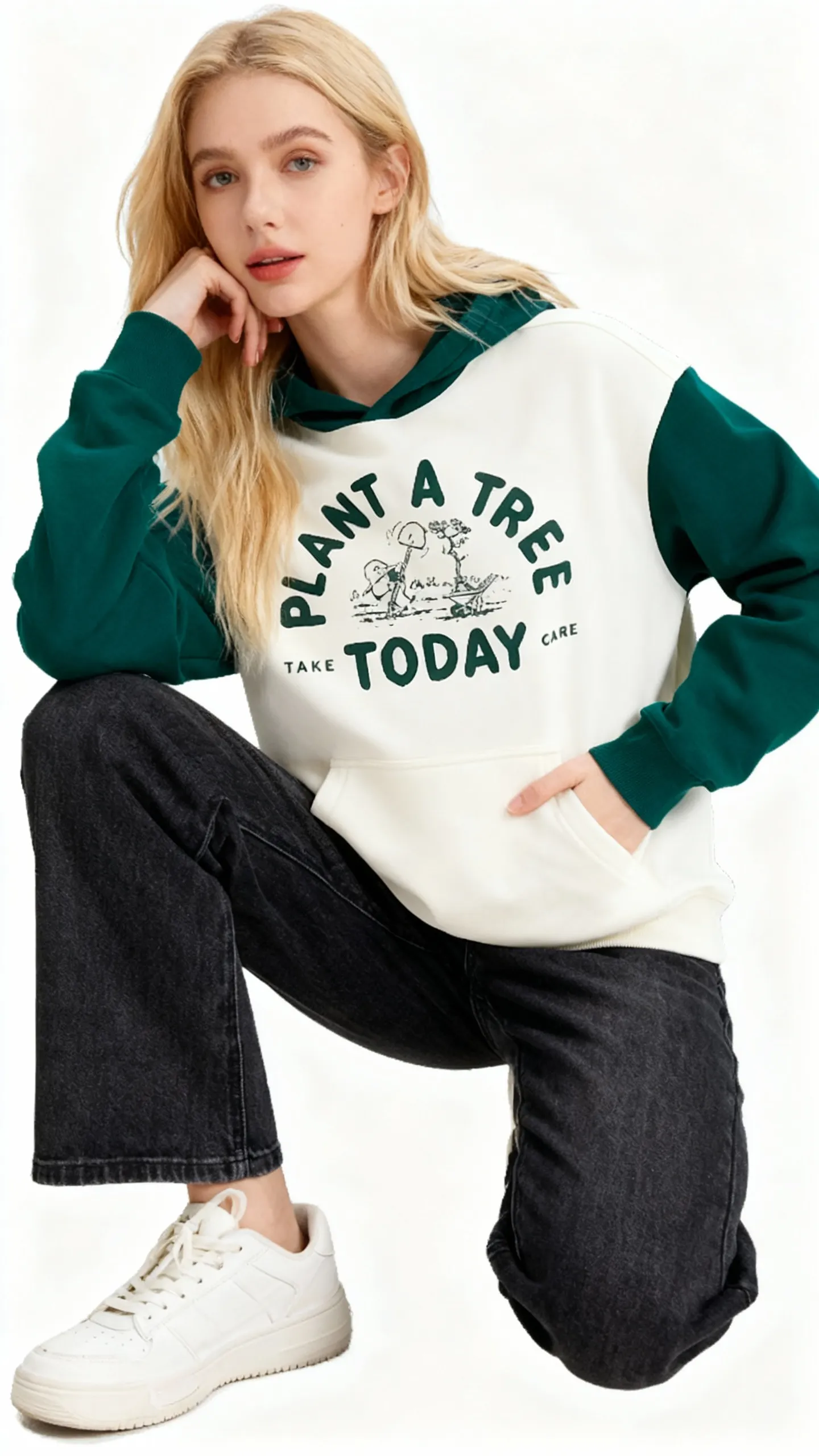 AI-generated model blonde woman wearing green and white hoodie