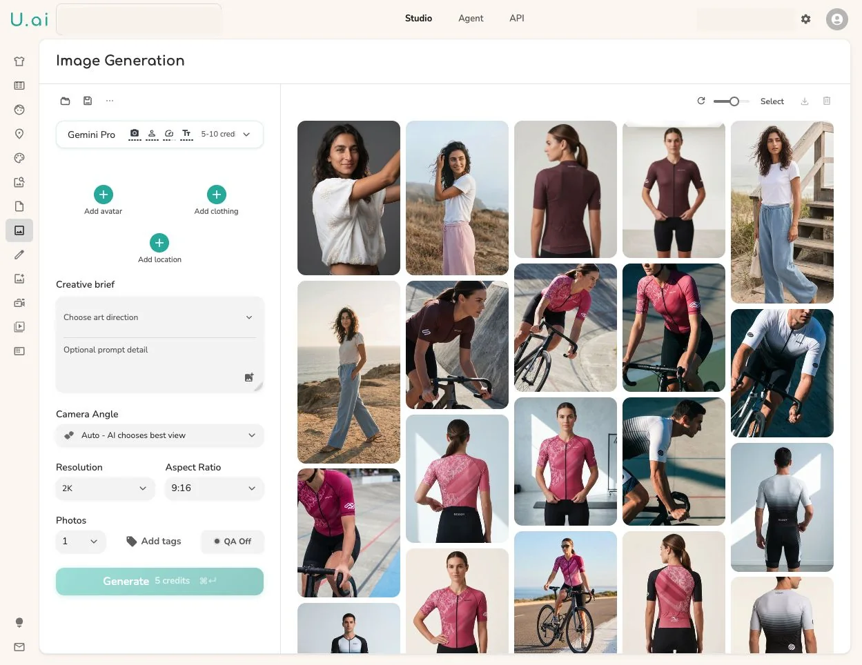 The Uwear Studio generate workspace: model, garments, art direction, and batch controls