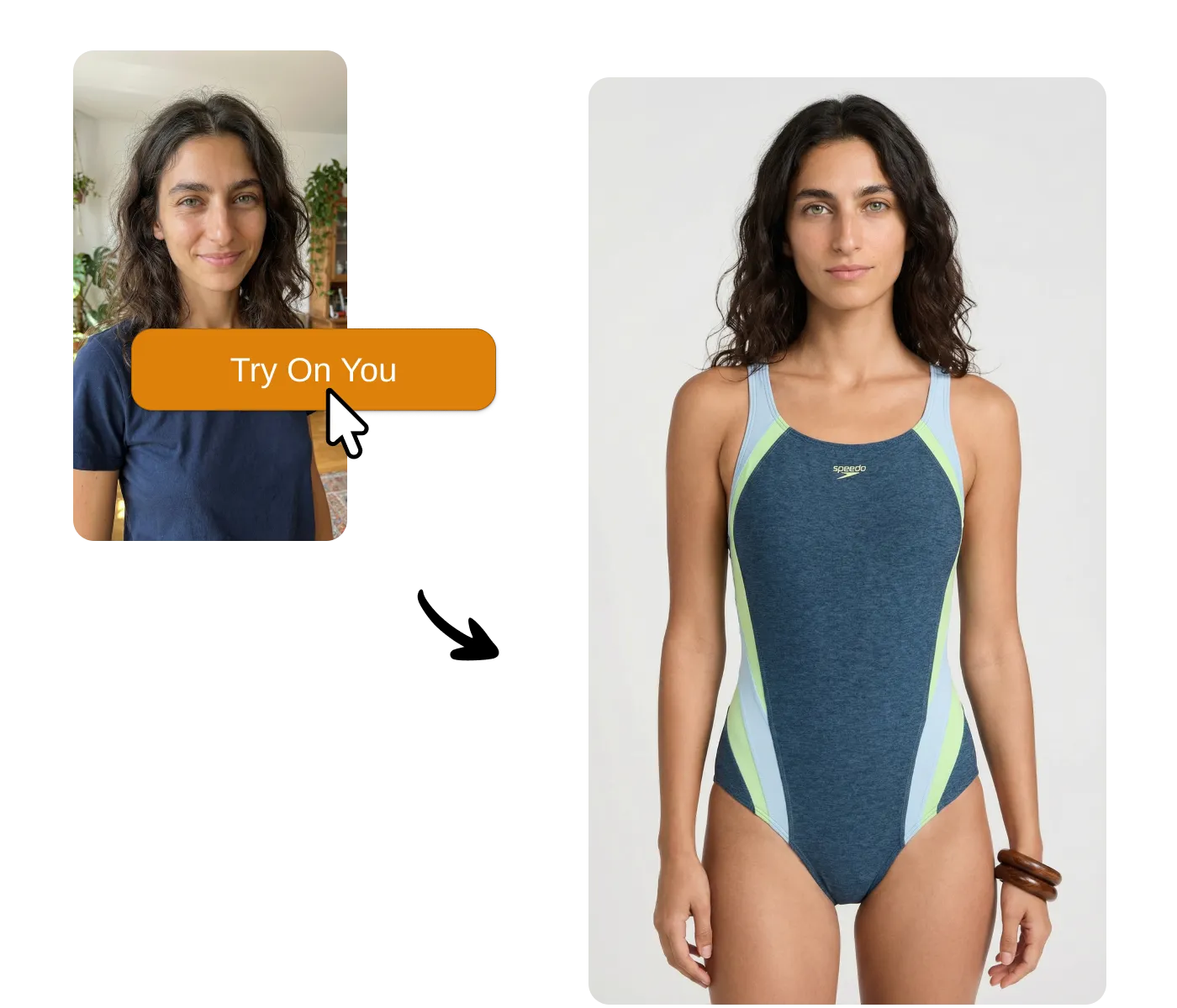 Uwear One-Click Try-On interface showing AI-generated photos of shoppers visualizing themselves in clothing products