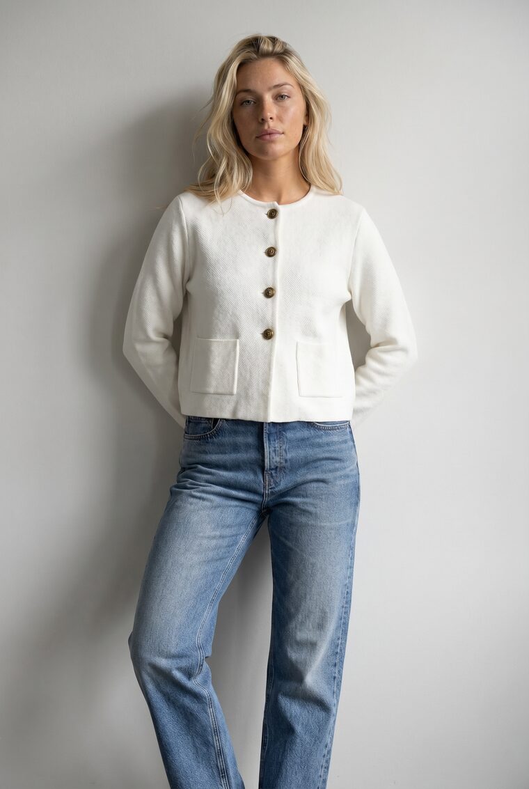 Cropped jacket with relaxed jeans, worn on the model — the product page hero image
