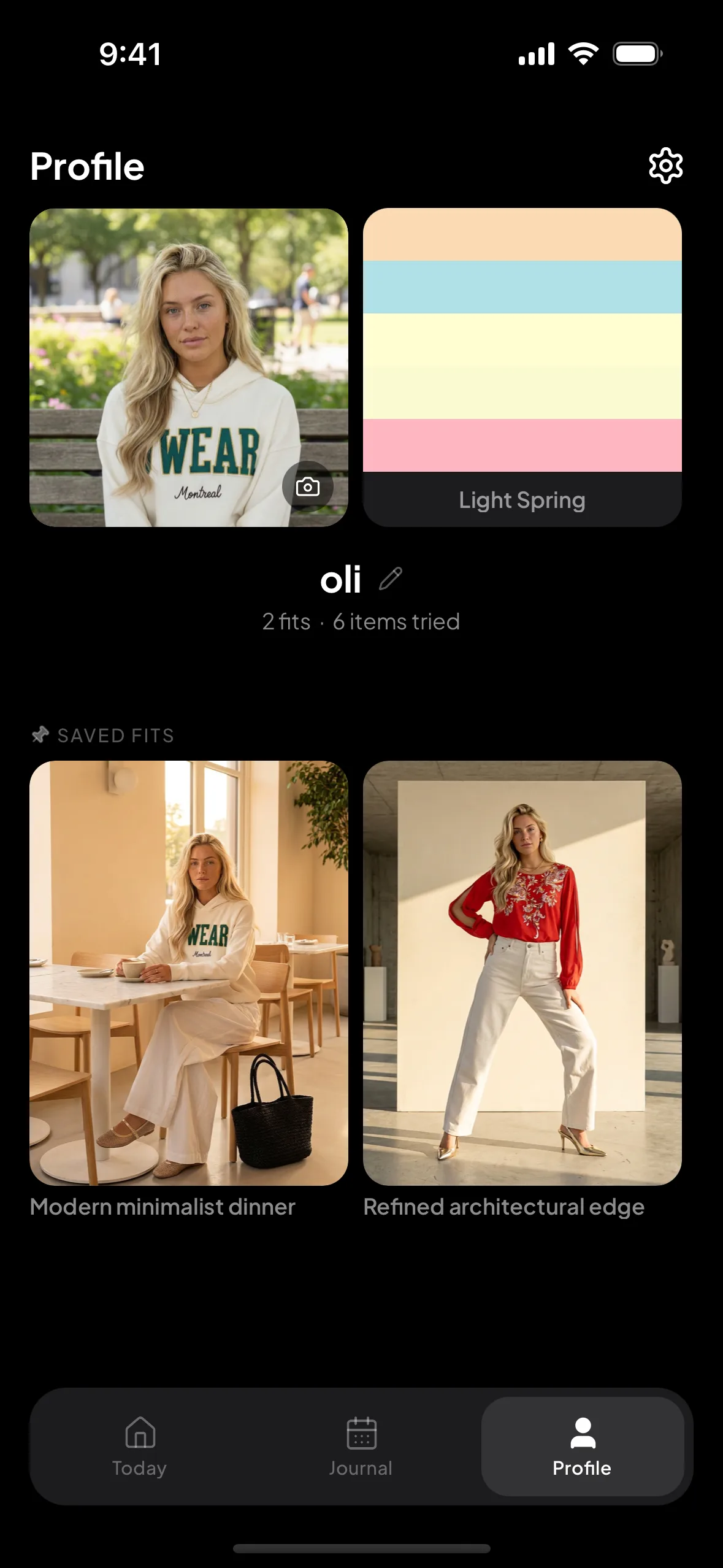 Dailyfit app profile: the shopper's try-on model, colour season, and saved fits