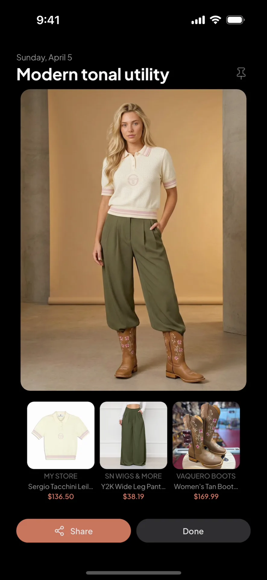 Dailyfit app: today's generated fit on the shopper with shoppable product cards and prices below